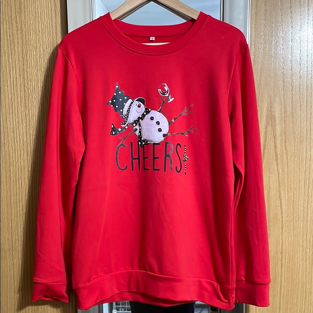 Red Snowman Cheers Wine Graphic Long Sleeve Sweatshirt size Small